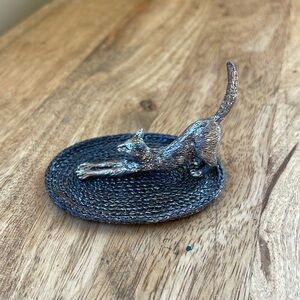 Vintage  METZKE Pewter Ring Holder - Cat Stretching on Rug